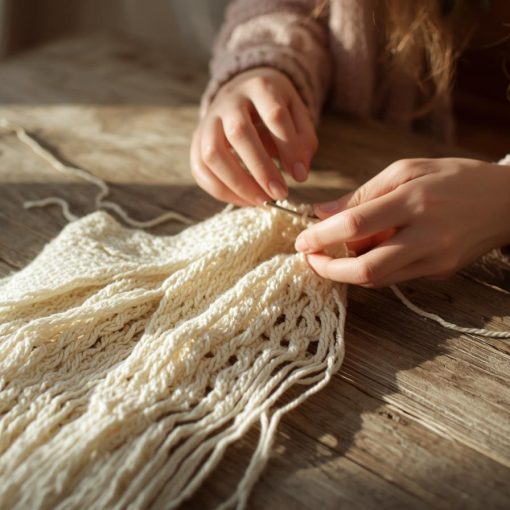 ręczne tworzenie chusty na szydełku z kremowej włóczki – proces rękodzieła