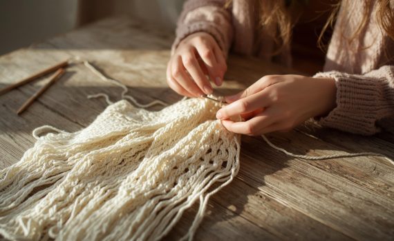 ręczne tworzenie chusty na szydełku z kremowej włóczki – proces rękodzieła